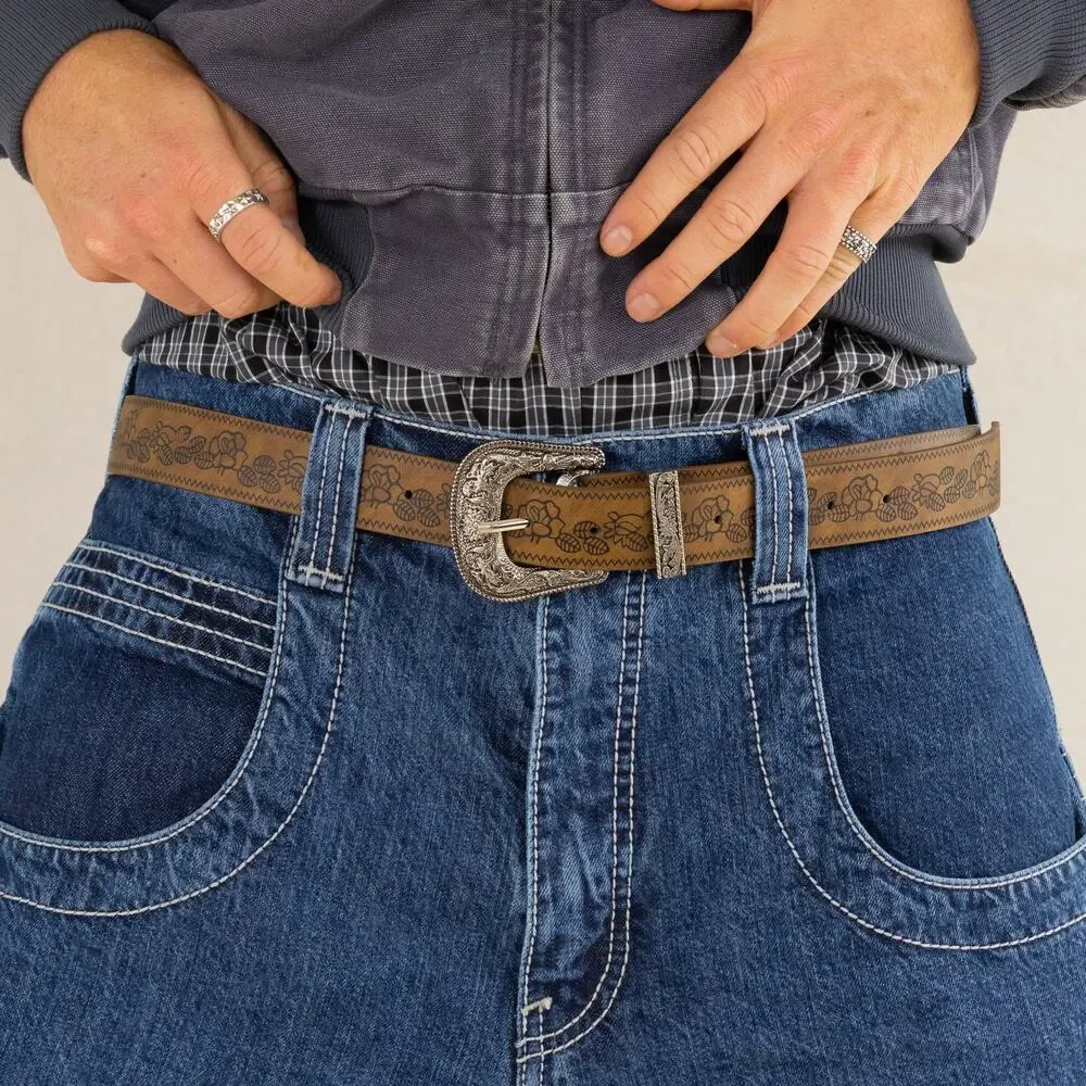 Y2K Brown Leather Belt Silver Buckle Adjustable Unisex Vintage New